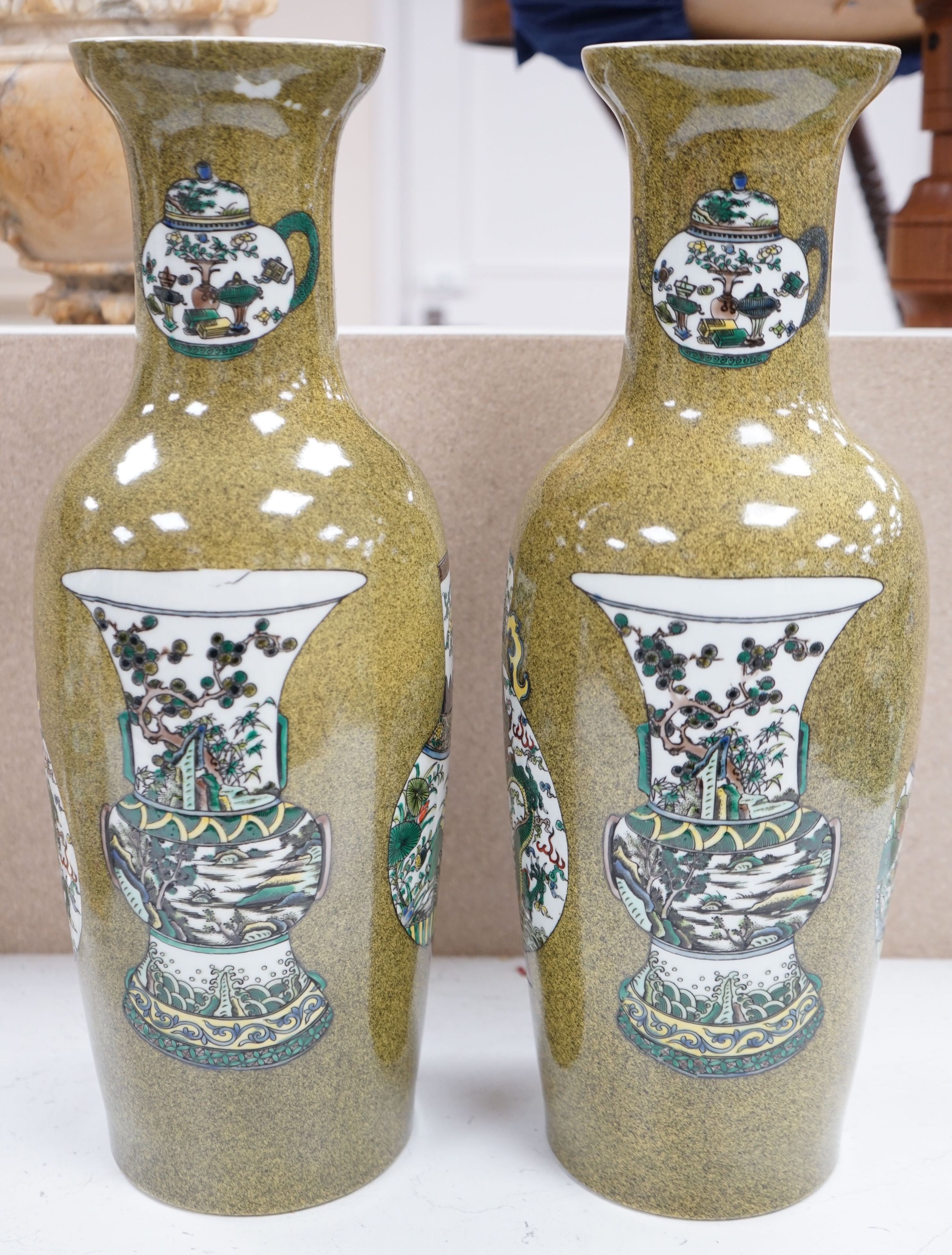 A pair of Chinese Kangxi style tea dust glazed vases, 46cm